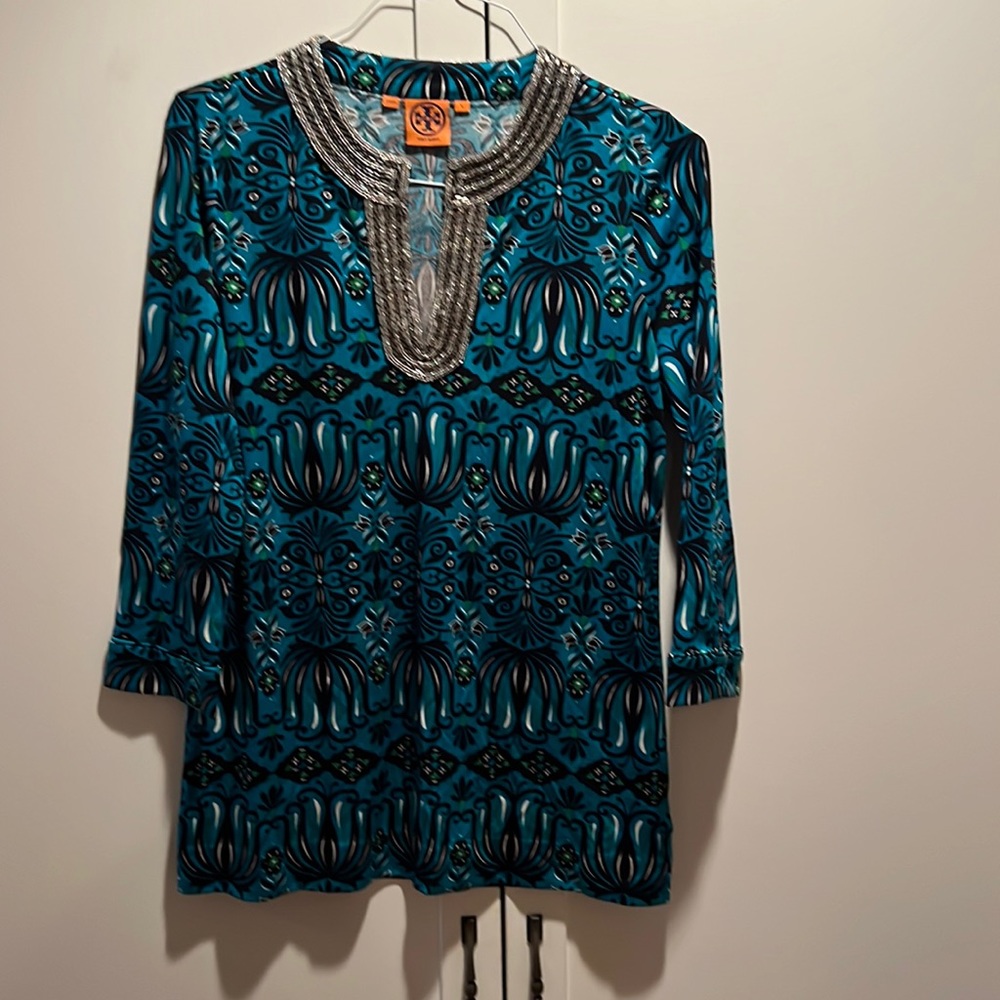Tory Burch Tunic with Bead embellished neckline. 100% Silk